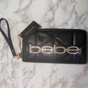Bebe New Quilted Black Wristlet Wallet with Crystal Logo